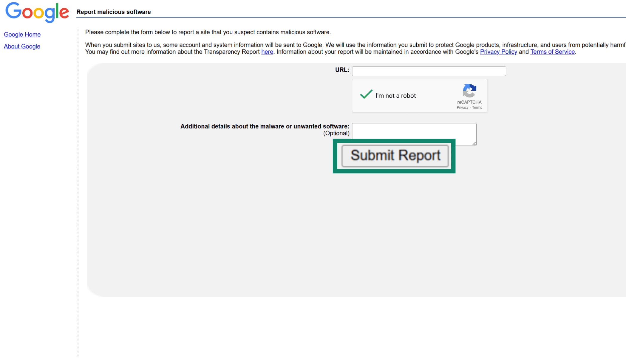 A visual guide detailing the required fields for reporting a website to Google Safe Browsing.
