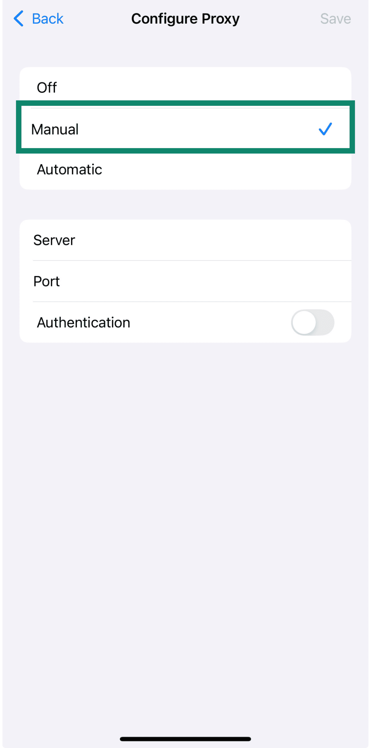 Configure Proxy manual server and port input iPhone