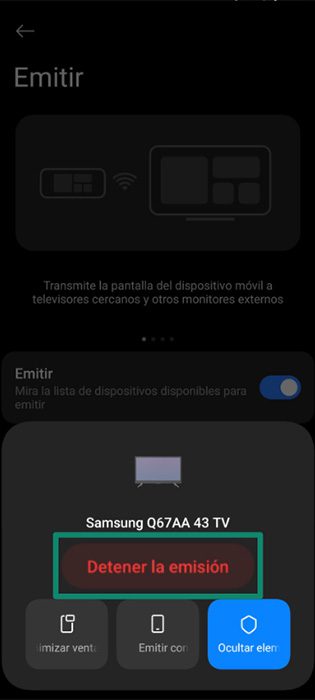 The list of connected casting devices on an Android, showing the "Disconnect" button for a smart TV.