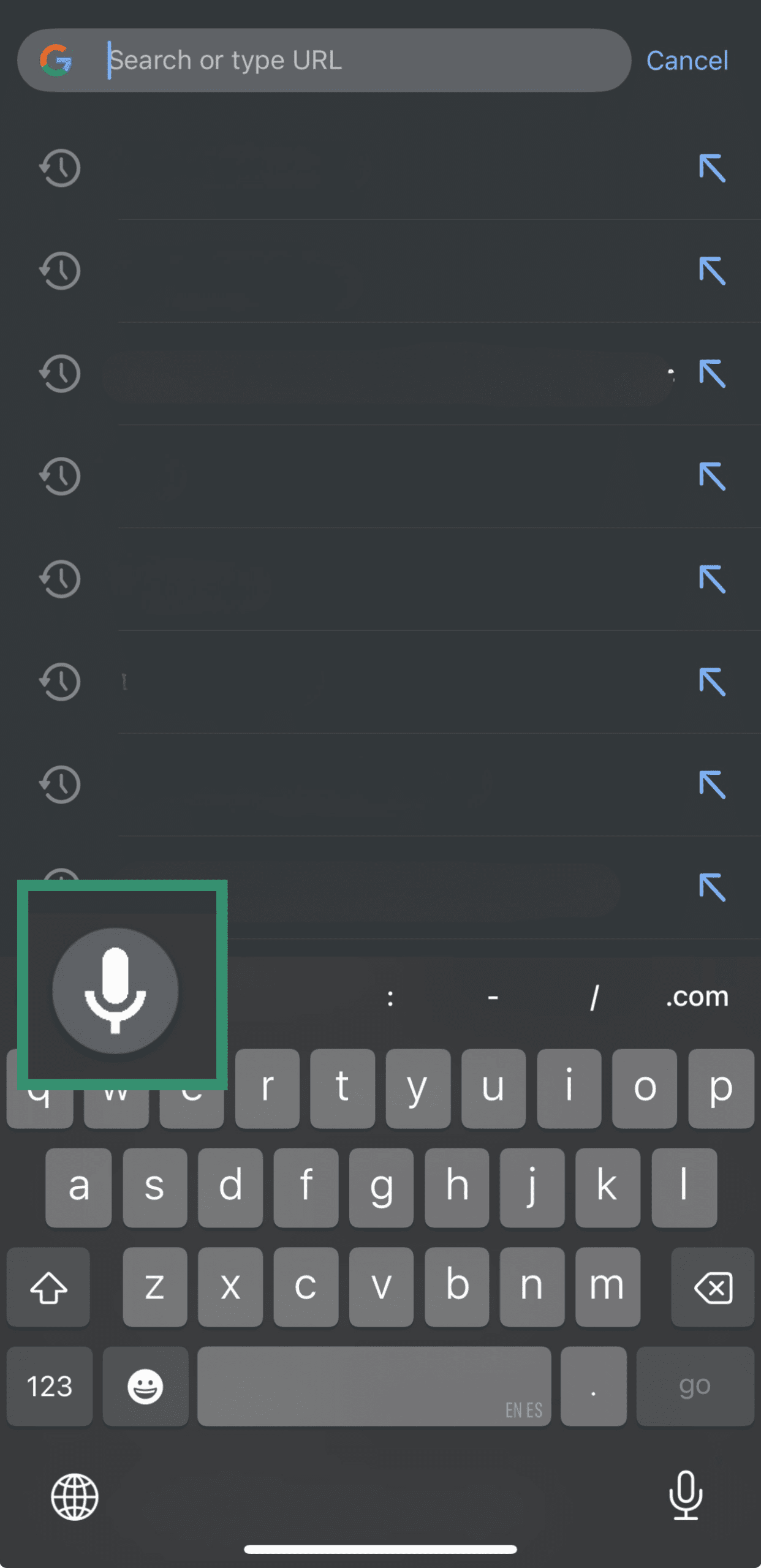 Chrome on iPhone showing the keyboard’s microphone icon for voice dictation.