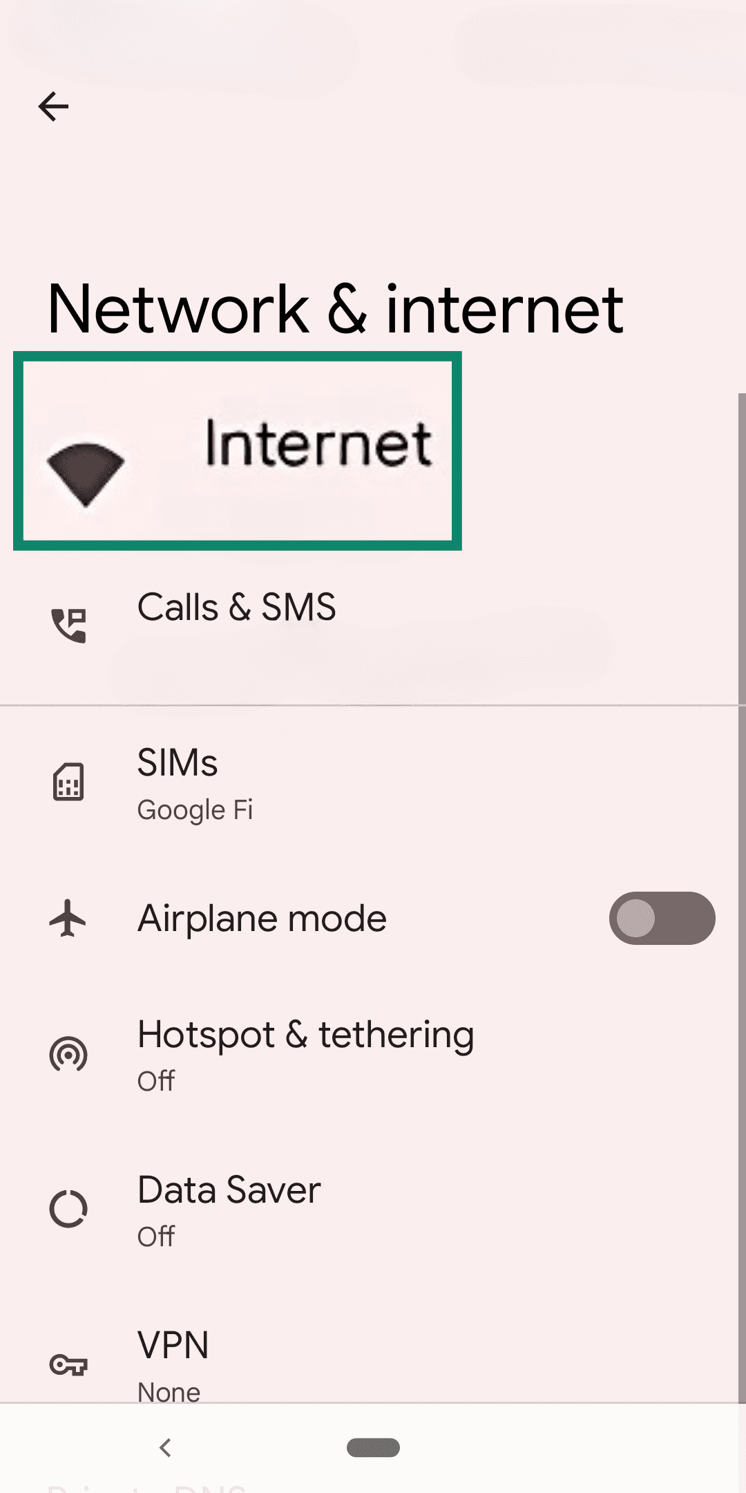 Android Network and Internet settings with the Internet option highlighted