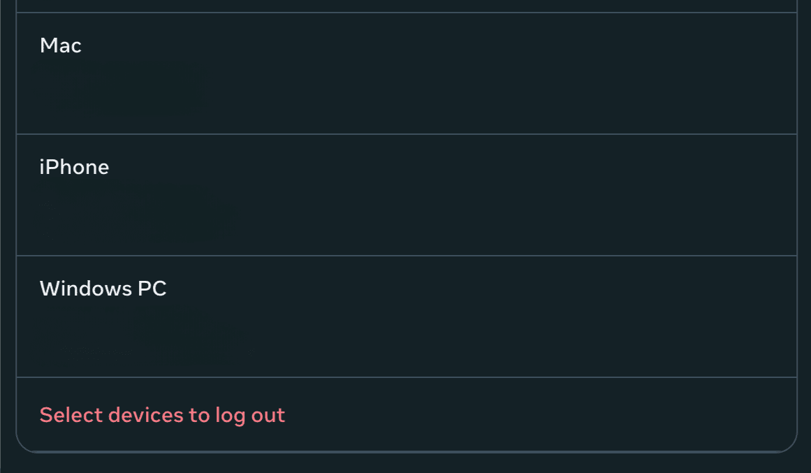Facebook active sessions page with option to bulk select devices to log out visible.