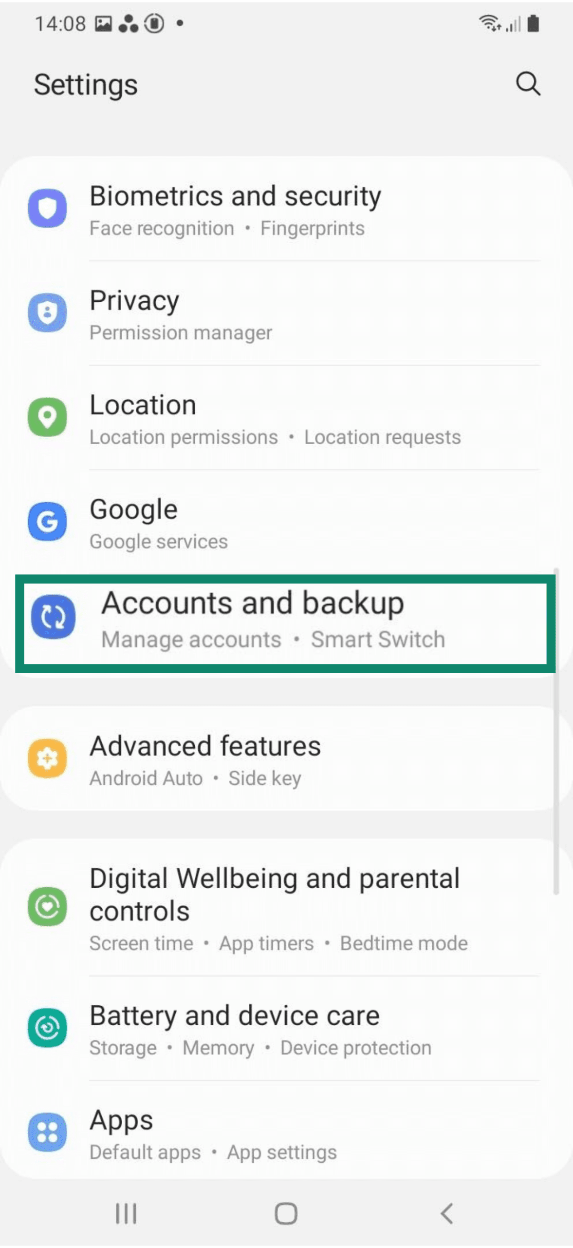 Accounts and backup option on an Android.