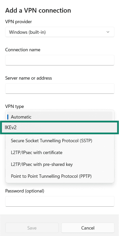 The VPN setup window on Windows, showing IKEv2 as a selectable protocol.