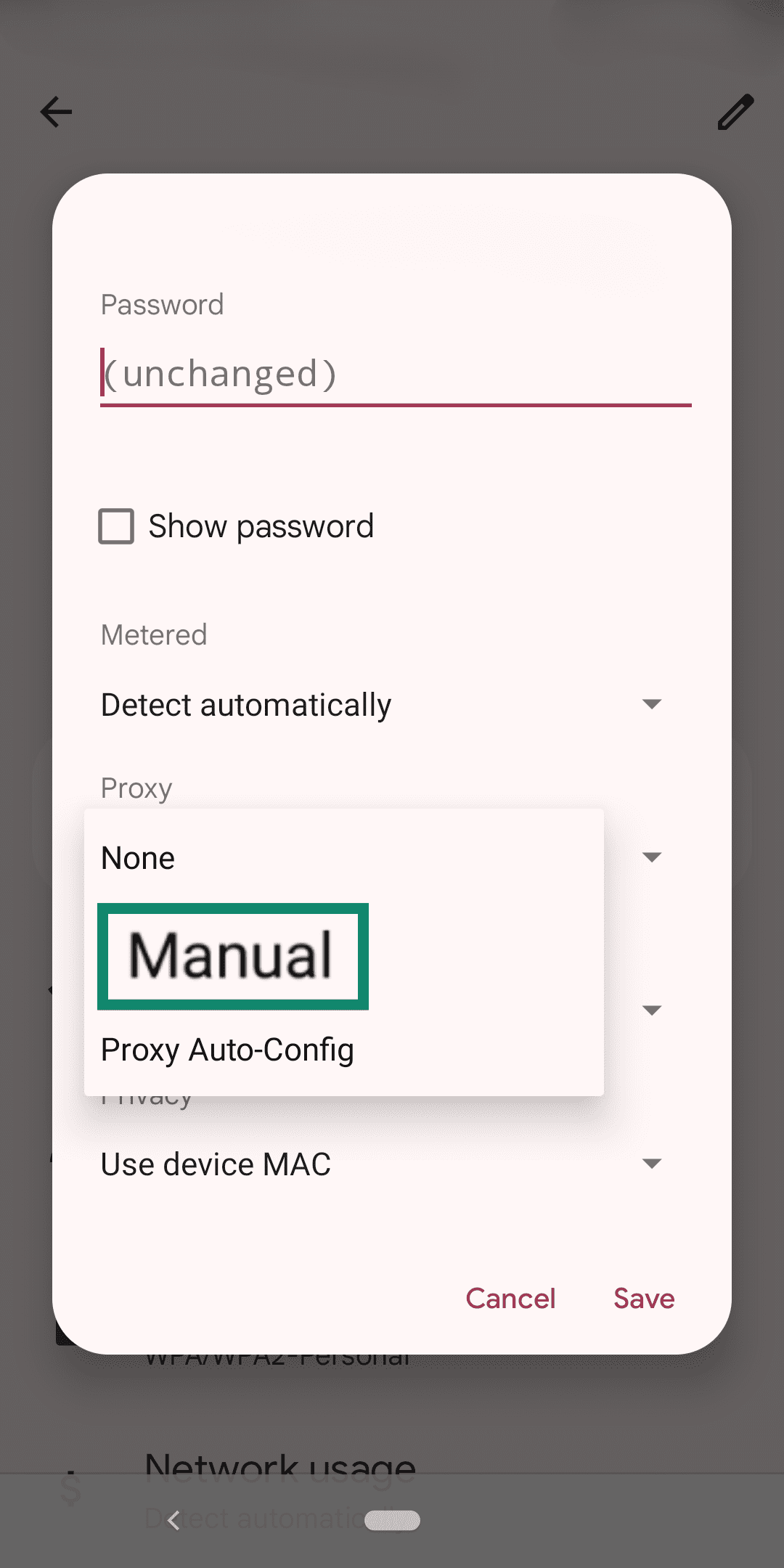 The Android proxy menu with an emphasis on the Manual option.