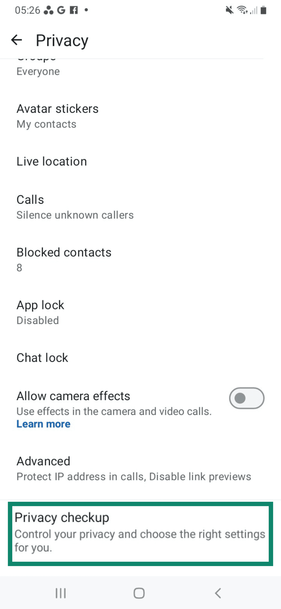 Privacy checkup setting in WhatsApp.