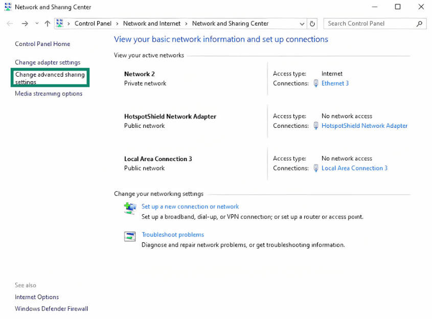 Windows Settings screen showing advanced network sharing settings.