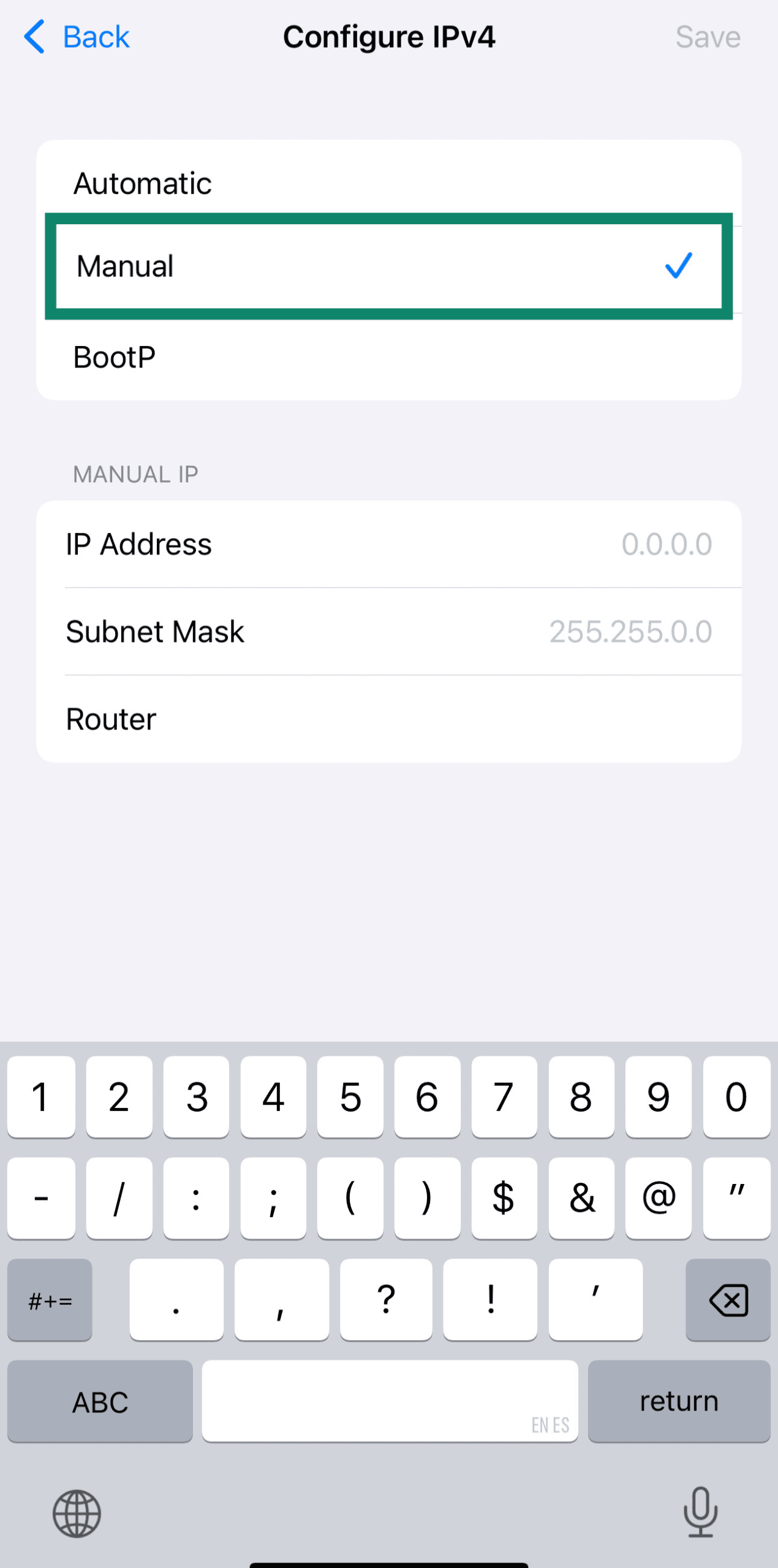 Configure IPv4 settings manually on iOS.