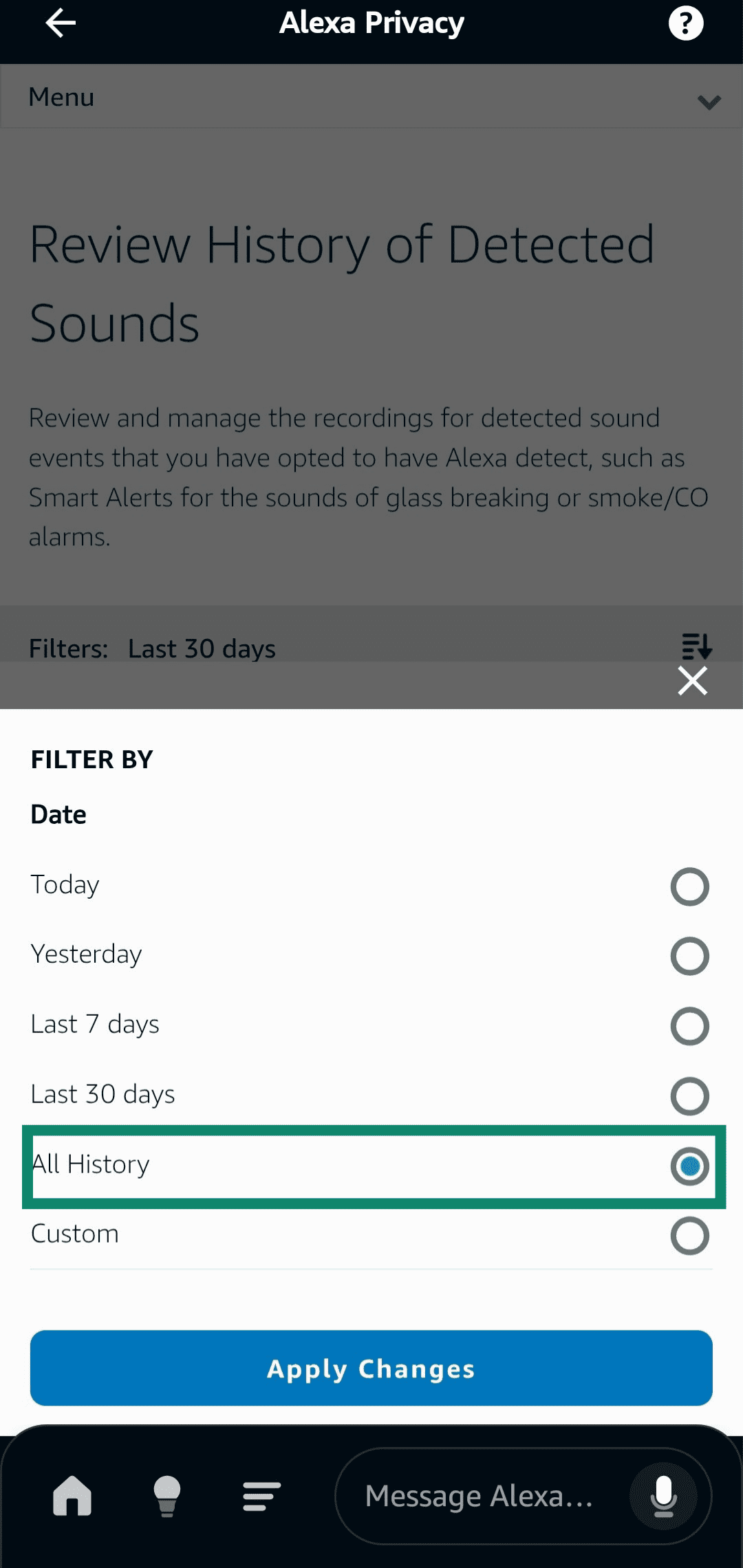 Choosing All History in the History of Detected Sounds menu of the Amazon Alexa app.