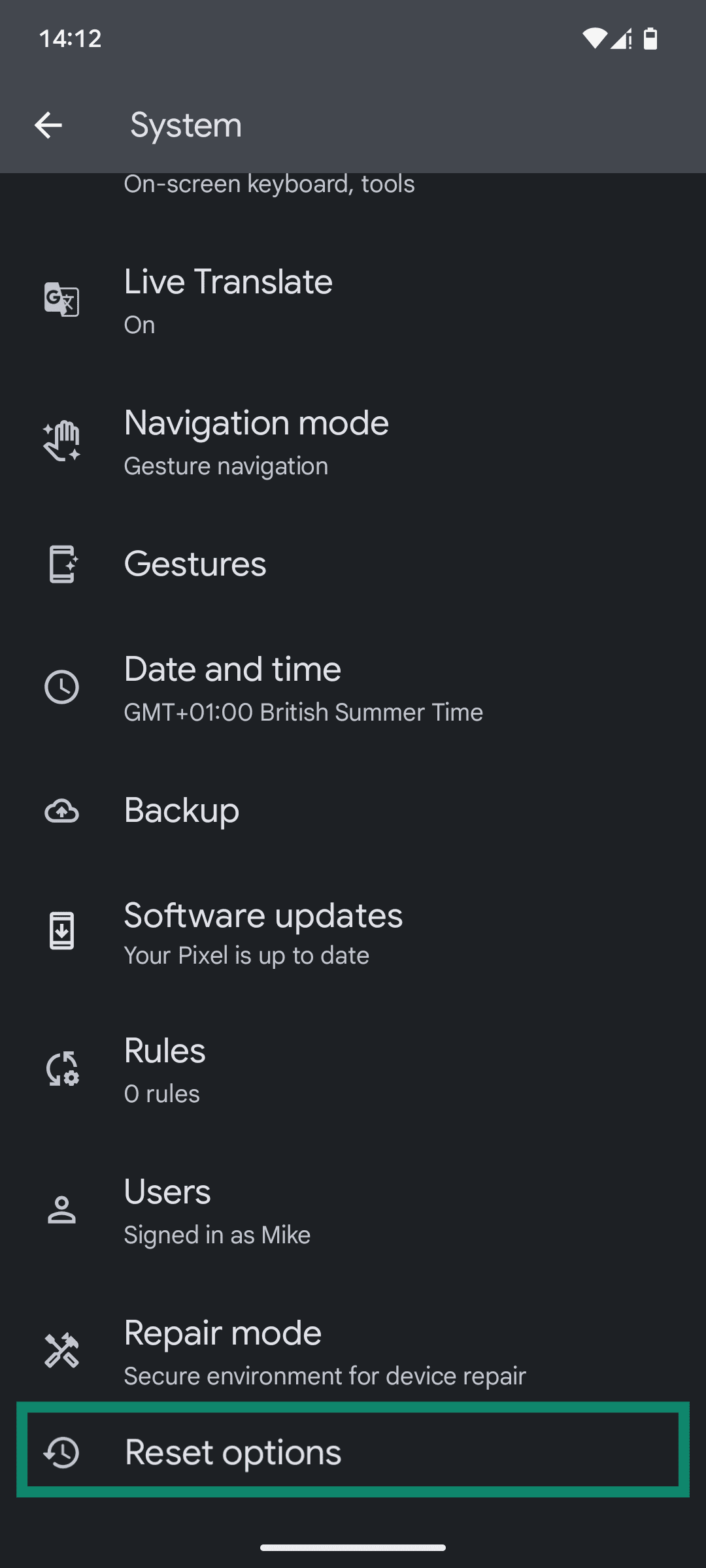 The System settings page of the Android Settings app, with the "Reset options" button highlighted.