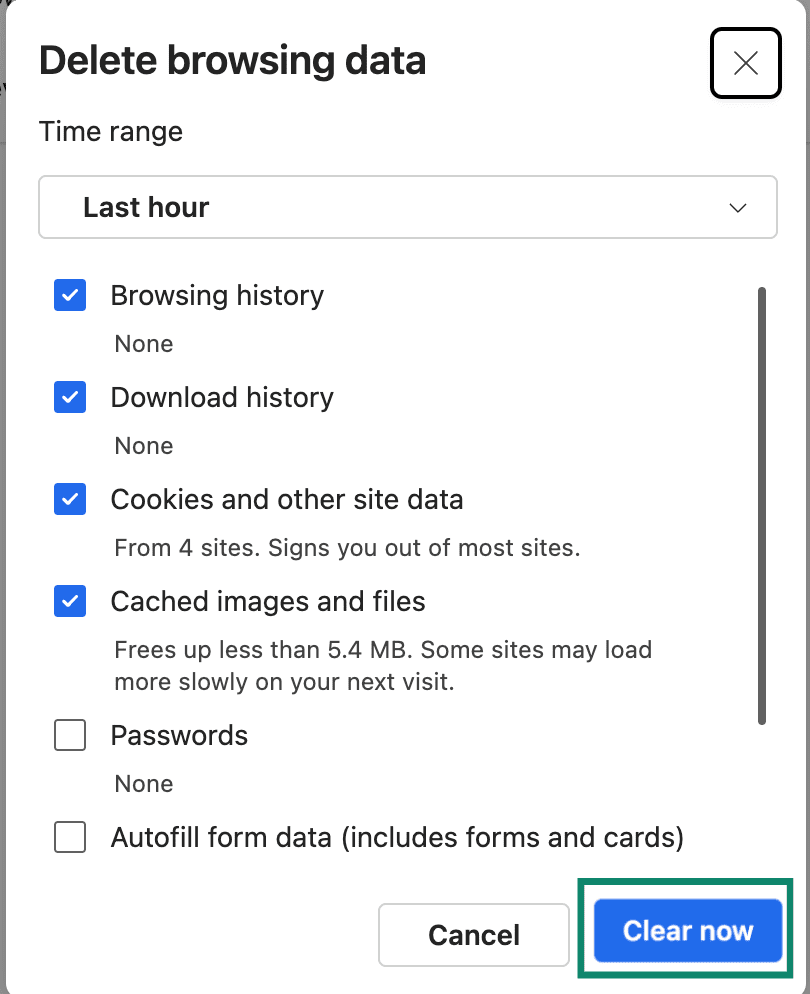 Edge delete browsing data window with Clear now button.
