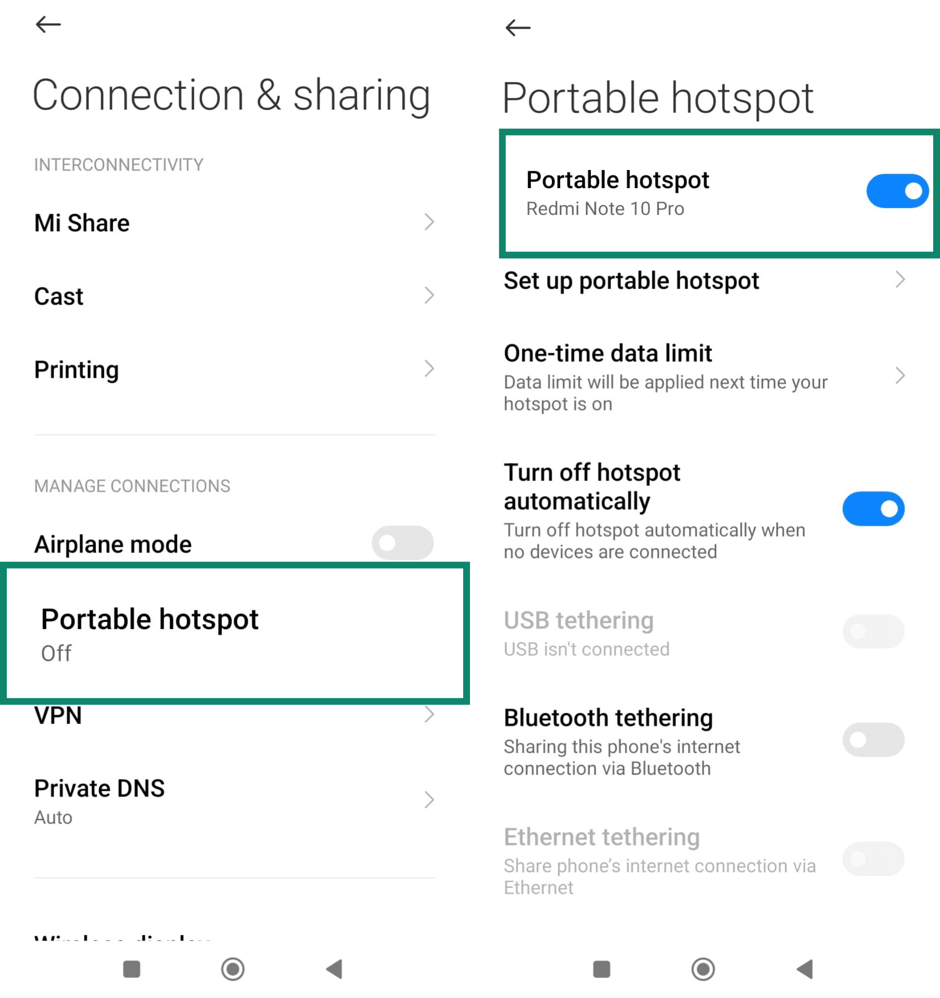 Android Connection and sharing screen showing Portable hotspot option toggled on in hotspot settings