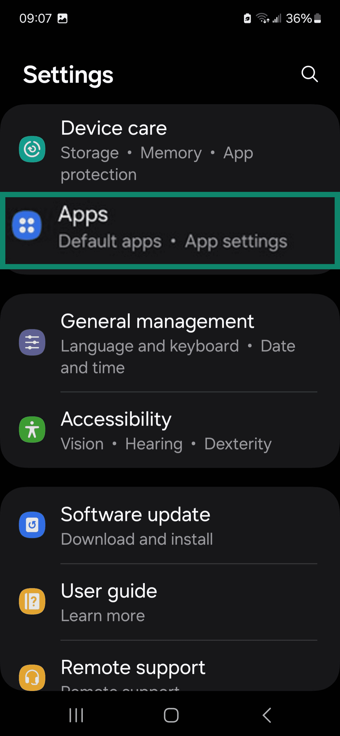 Android Settings menu highlighting Apps.