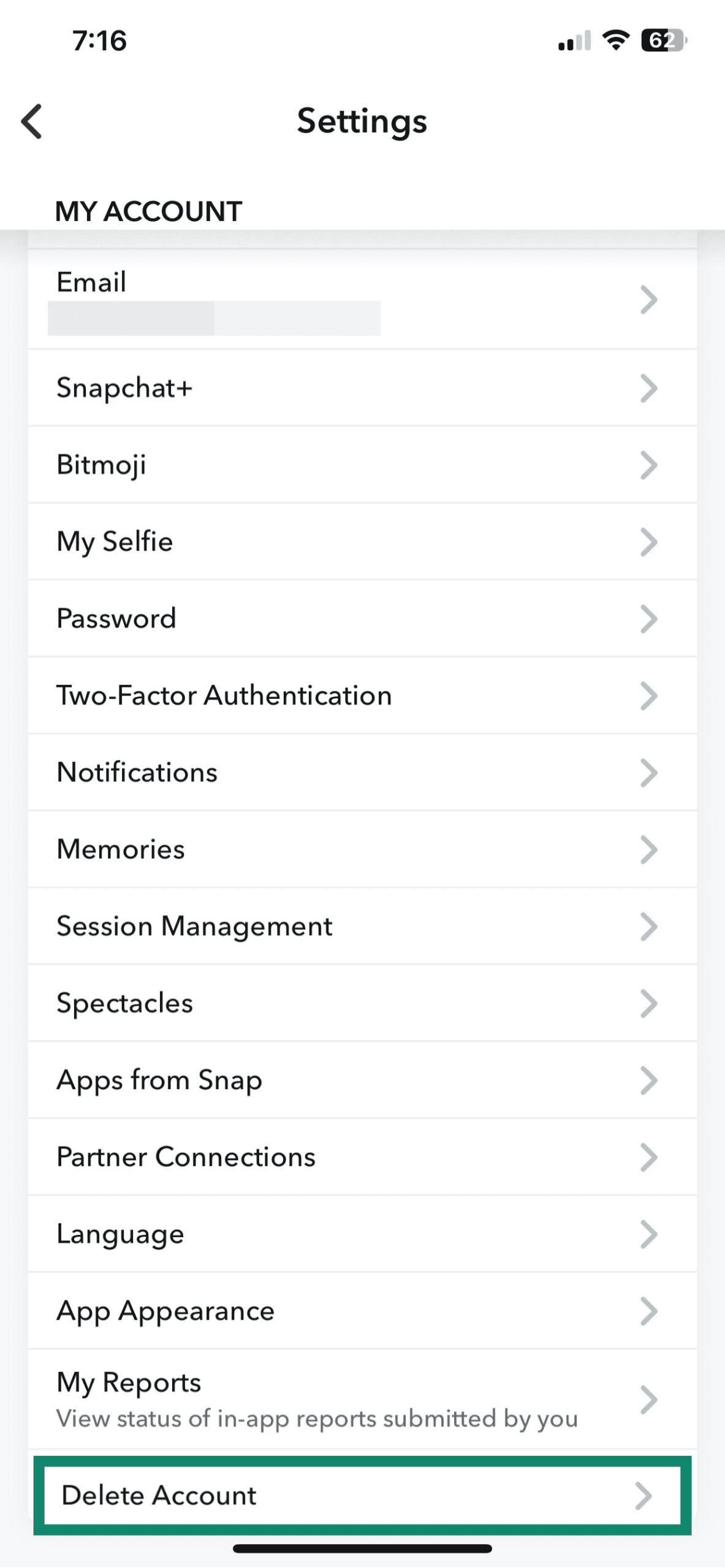The Settings page of the iOS Snapchat app, showing the Delete Account option.