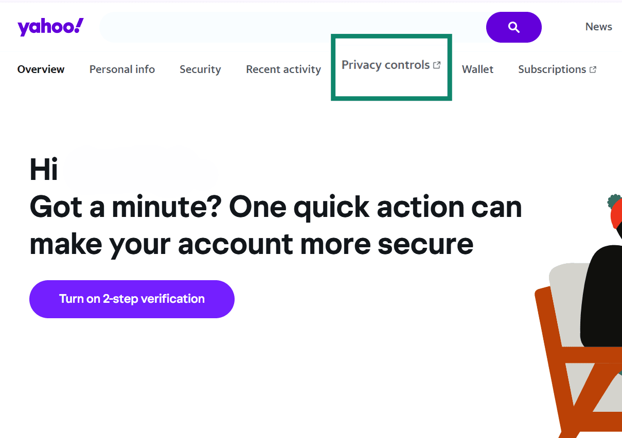 Yahoo account menu with Privacy controls highlighted.