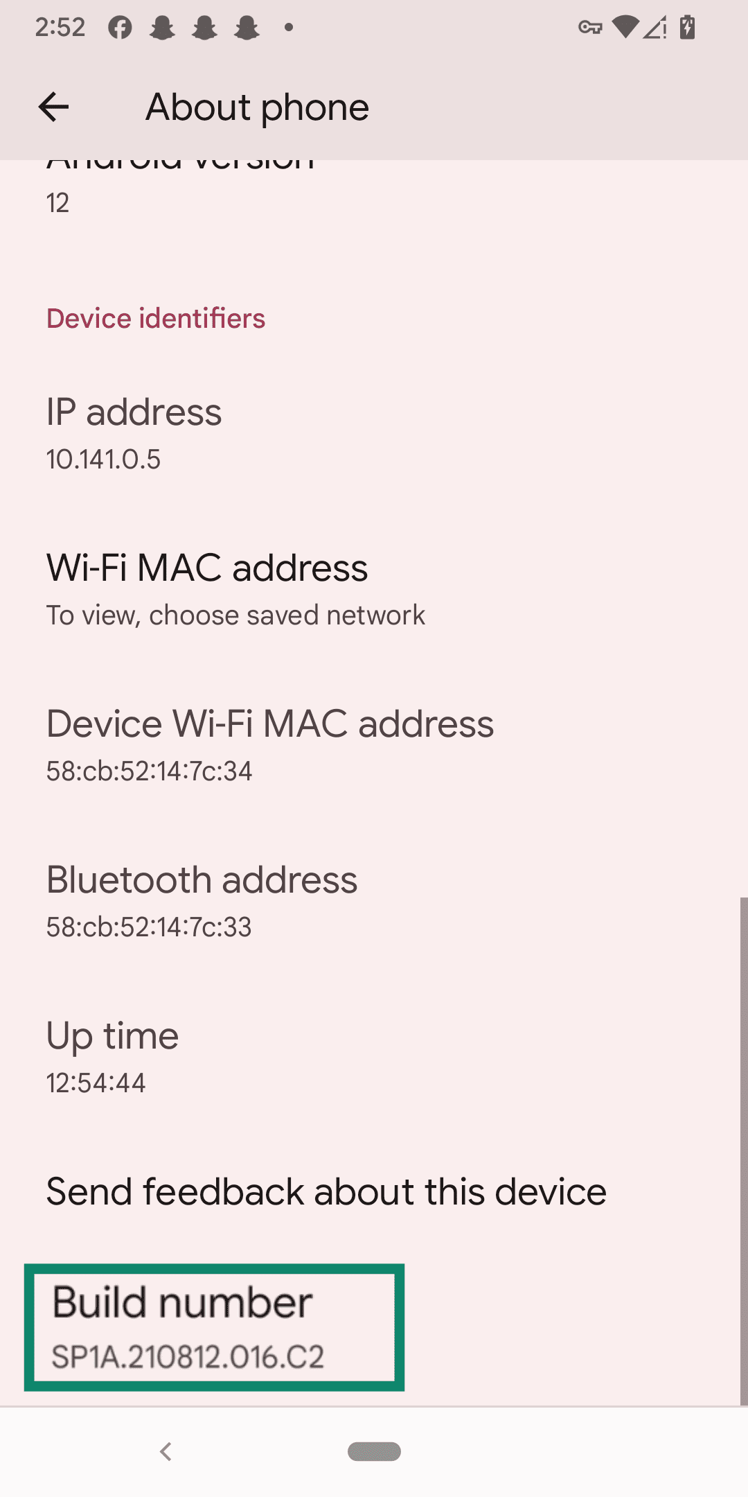 The Android "About phone" settings showing the "Build number" option to enable Developer options.