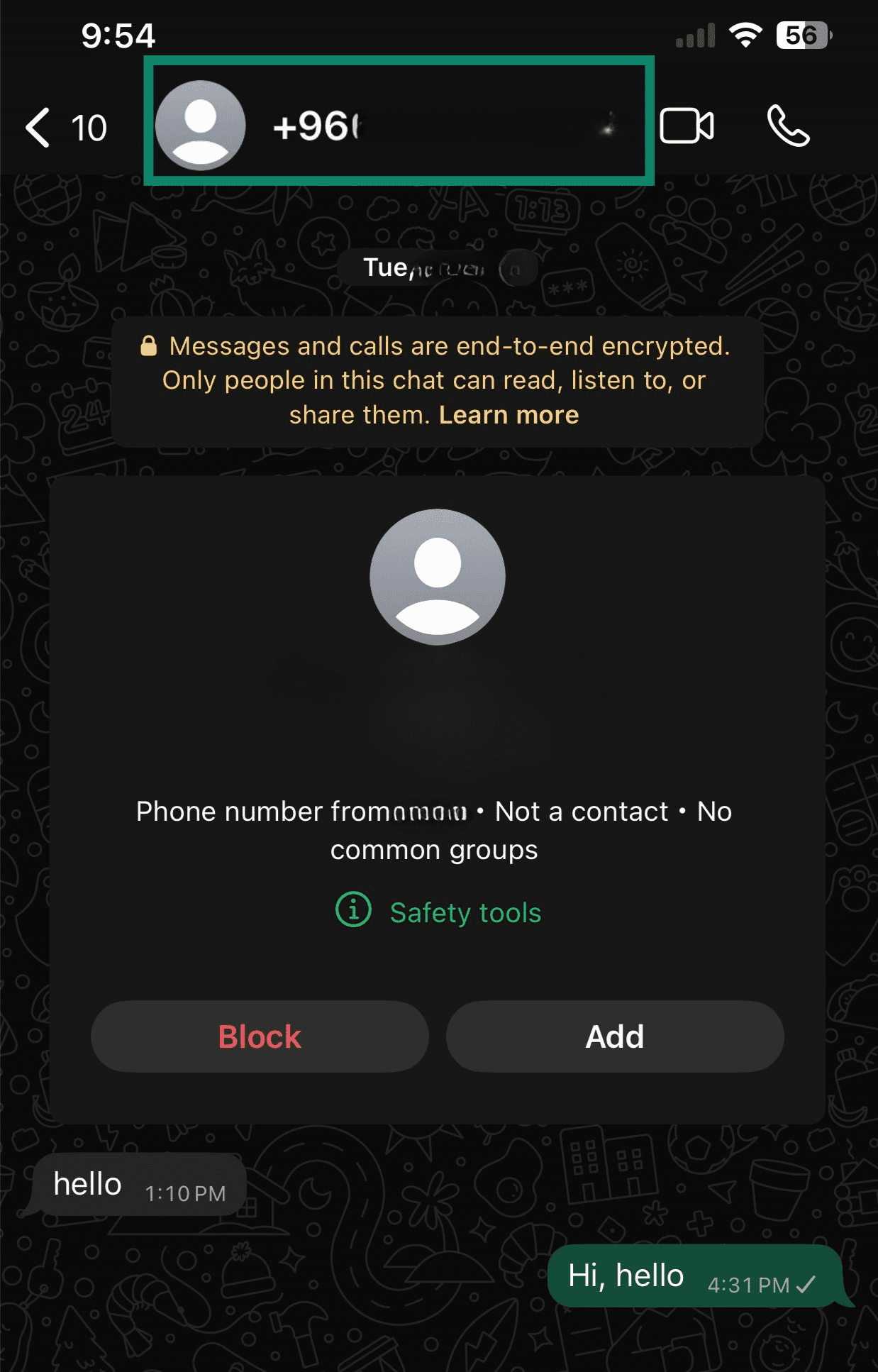 WhatsApp chat screen with the contact name/phone number area highlighted.