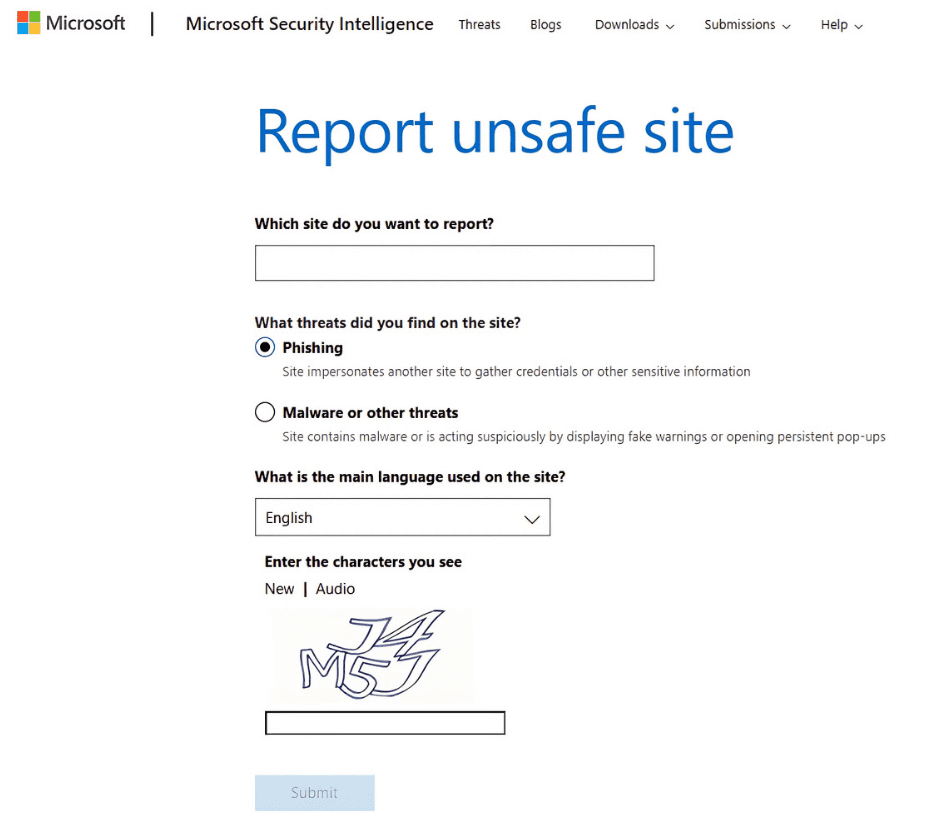 A visual guide detailing the required fields for reporting a website to Microsoft Security Intelligence.