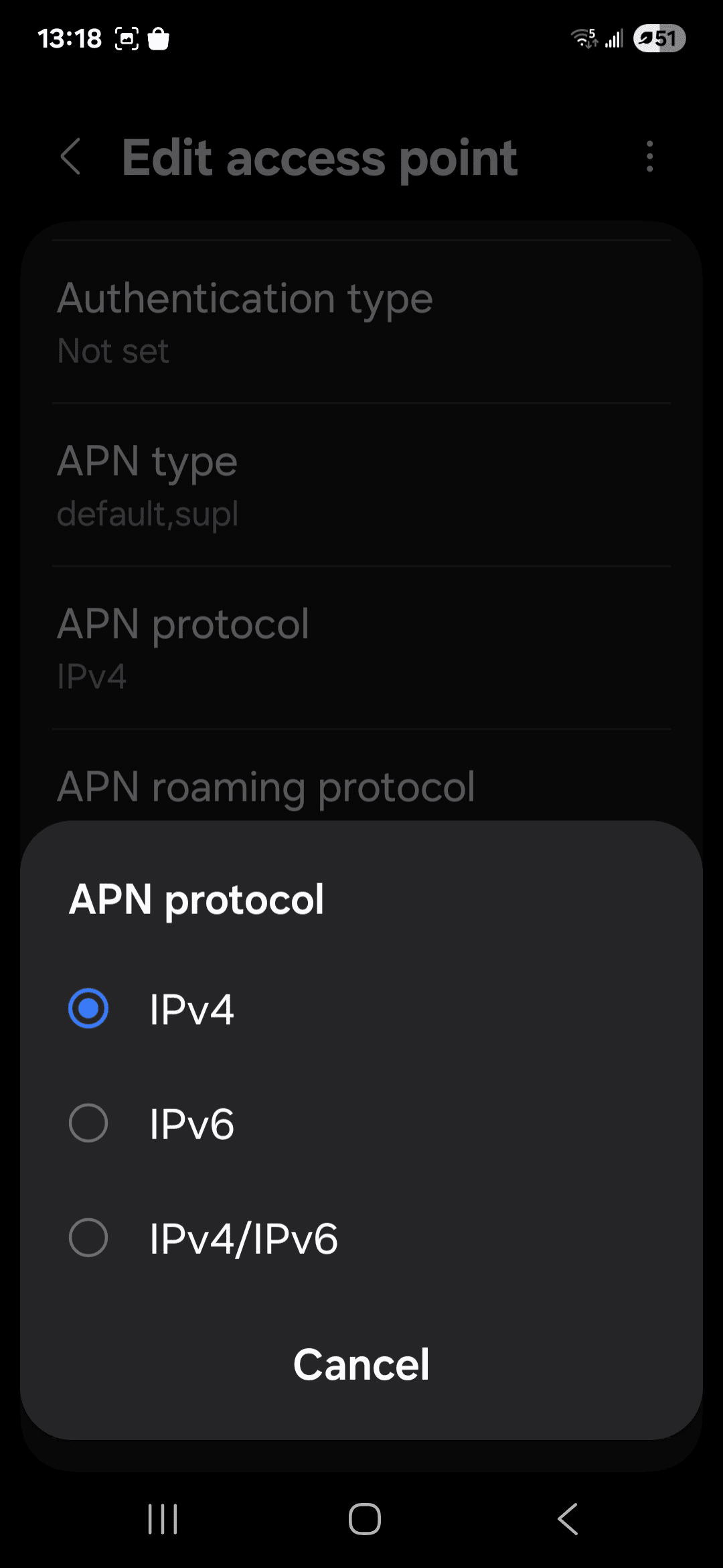 Android device showing APN protocol options.