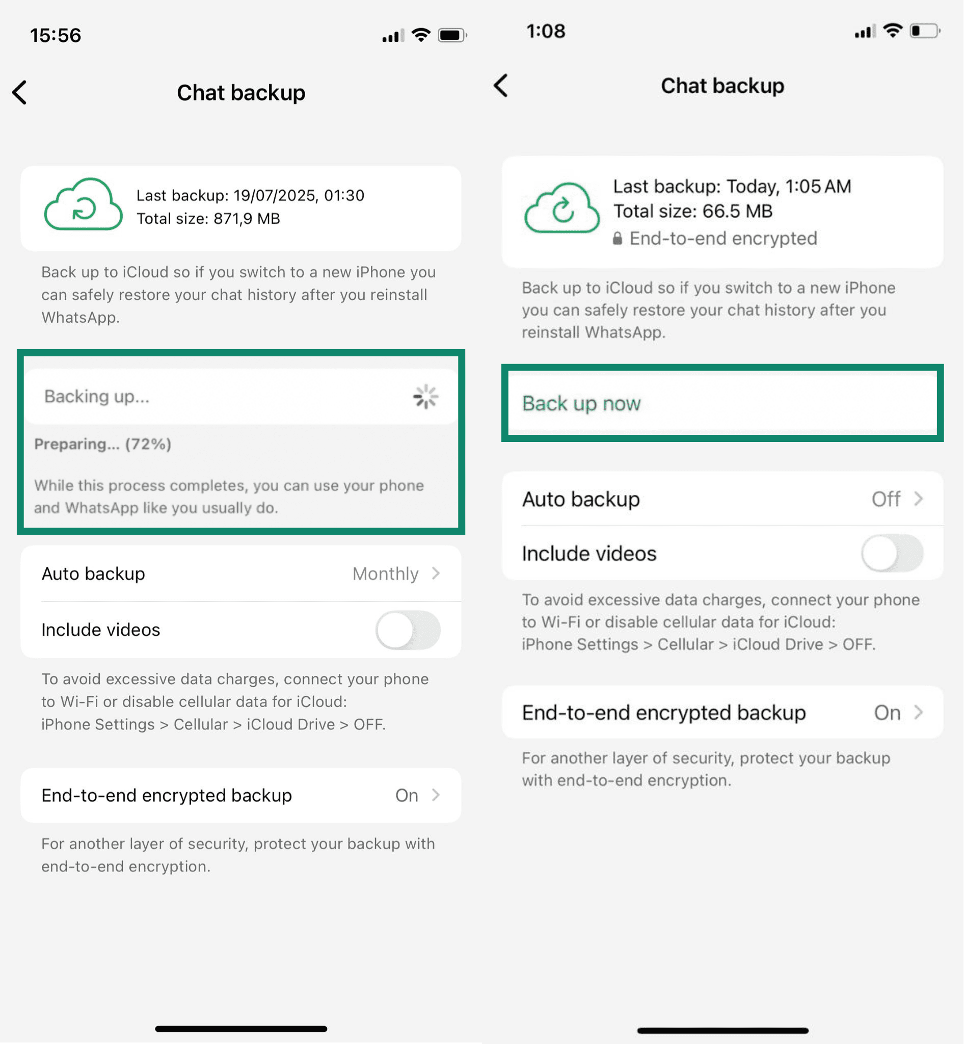 WhatsApp preparing the encrypted chat backup and the "Back up now" option highlighted.
