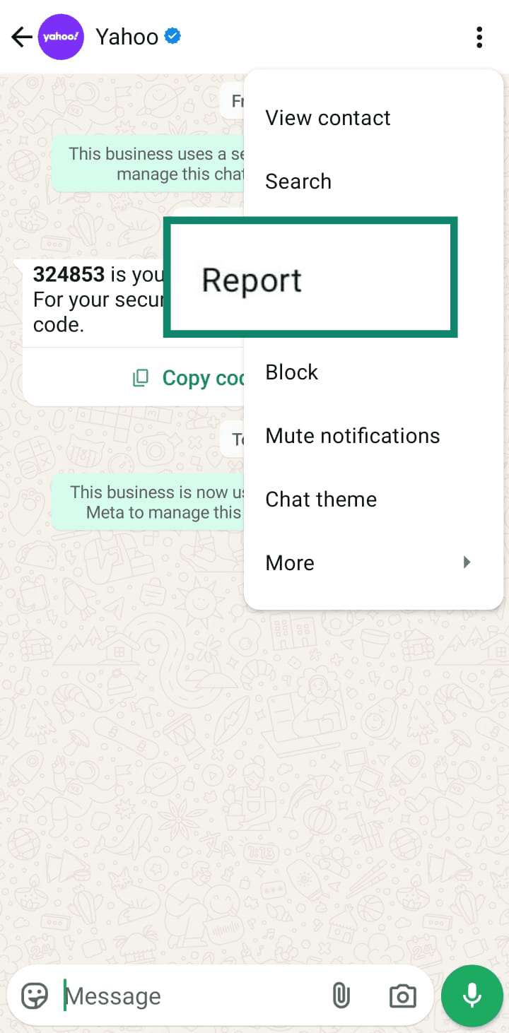 The options menu within a WhatsApp chat. The 'Report' button is highlighted to show users the specific action for reporting a malicious account.