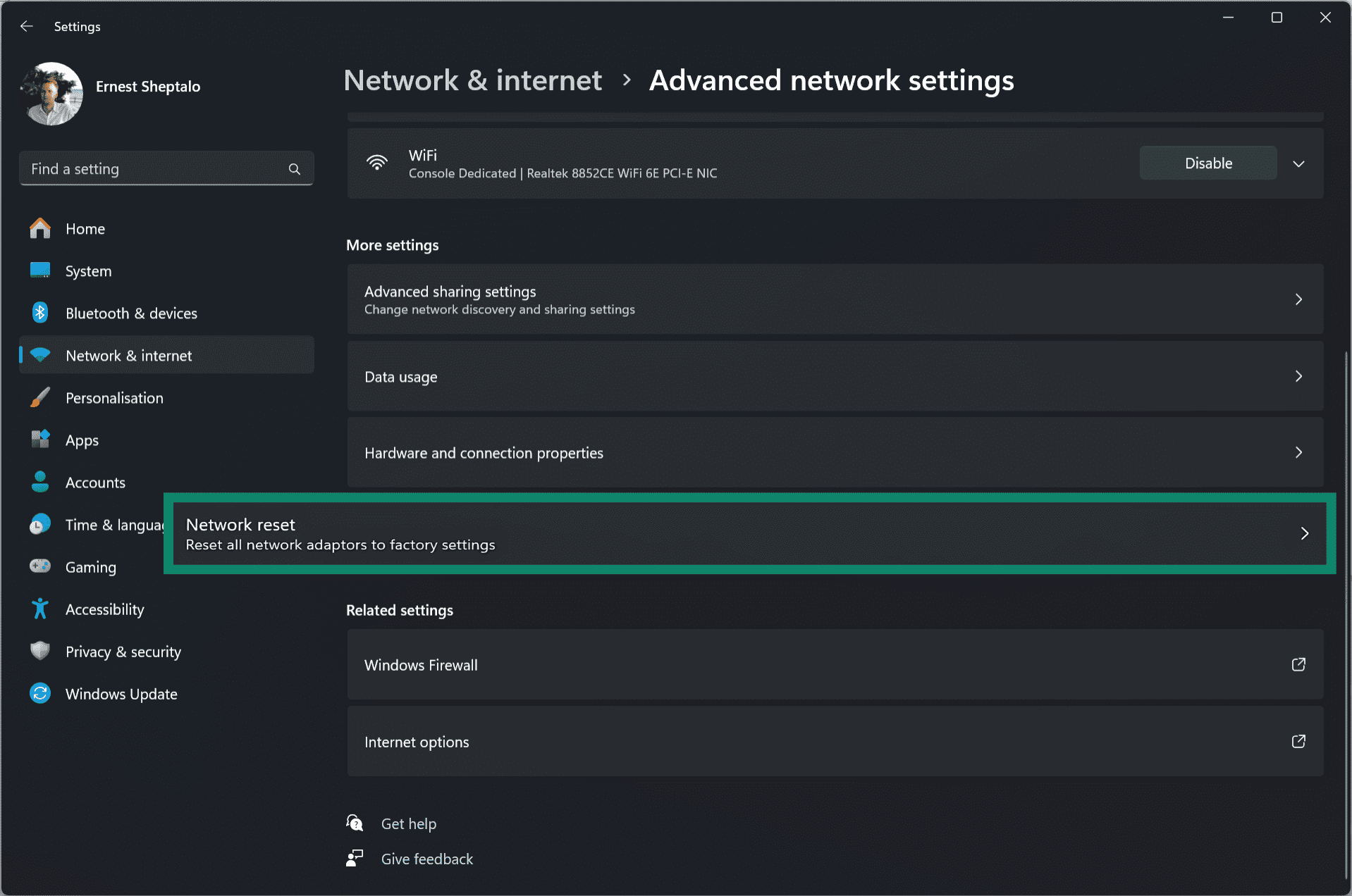 In Advanced network settings, select the Network reset feature.