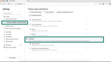 Microsoft Edge privacy settings highlighting Privacy, search, and services.
