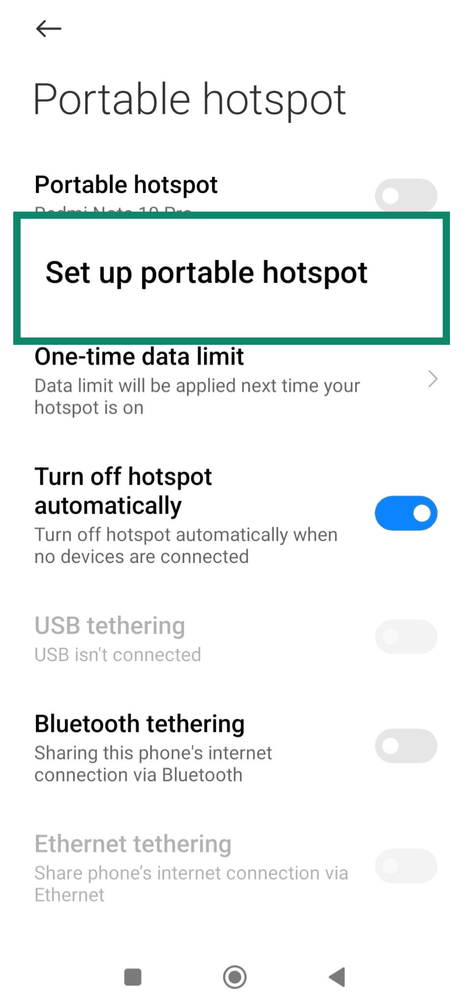 Android Portable hotspot settings screen with Set up portable hotspot option highlighted
