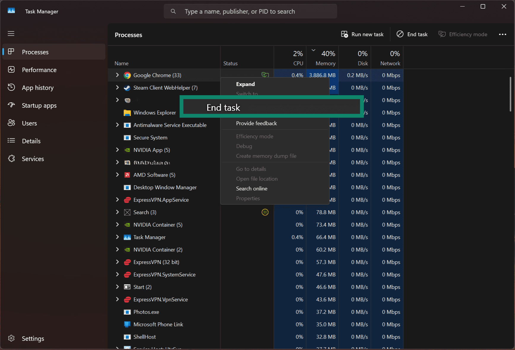 Screen showing End Task option.