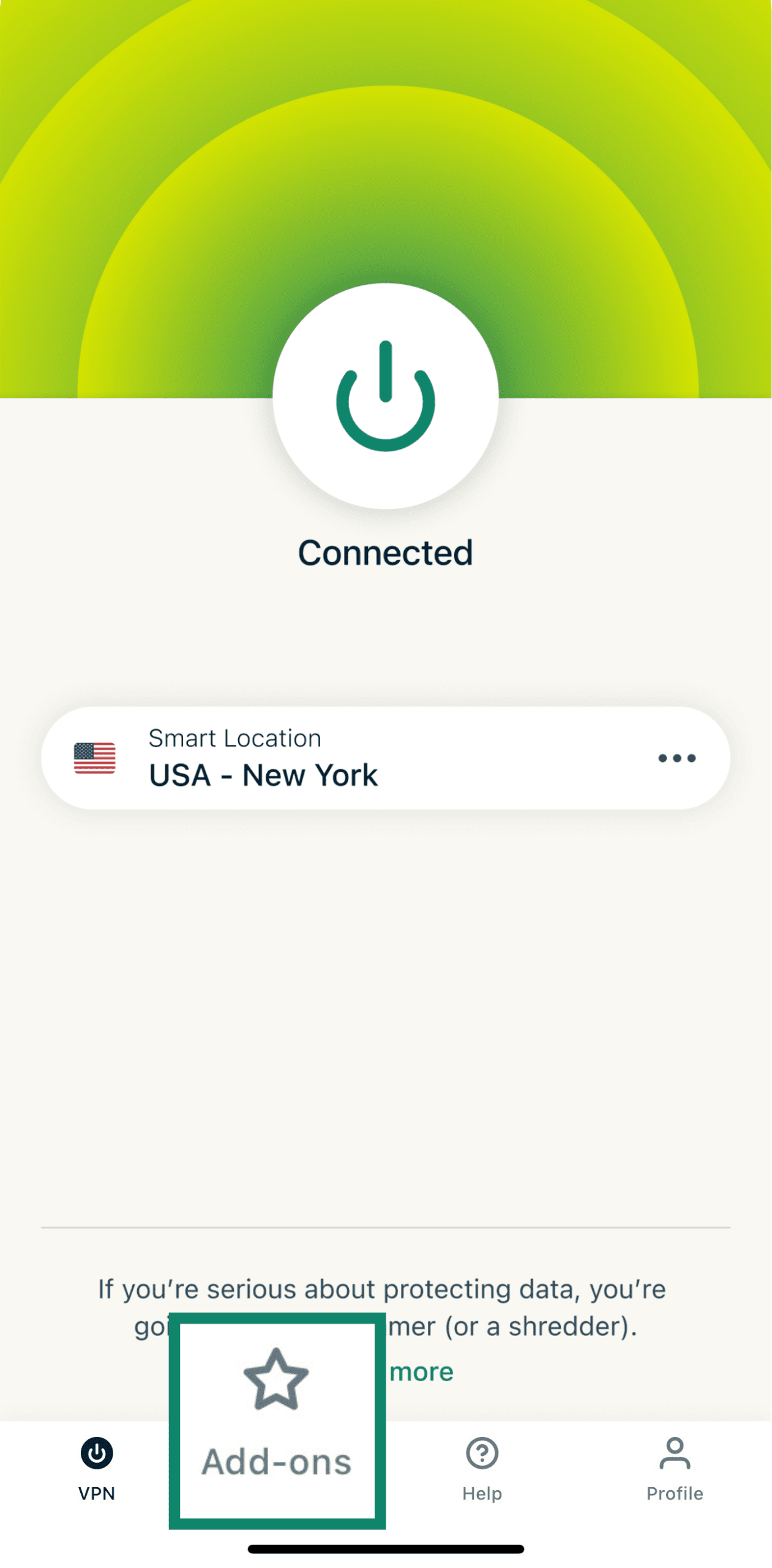 ExpressVPN home screen showing user is connected, with Add-ons tab highlighted.