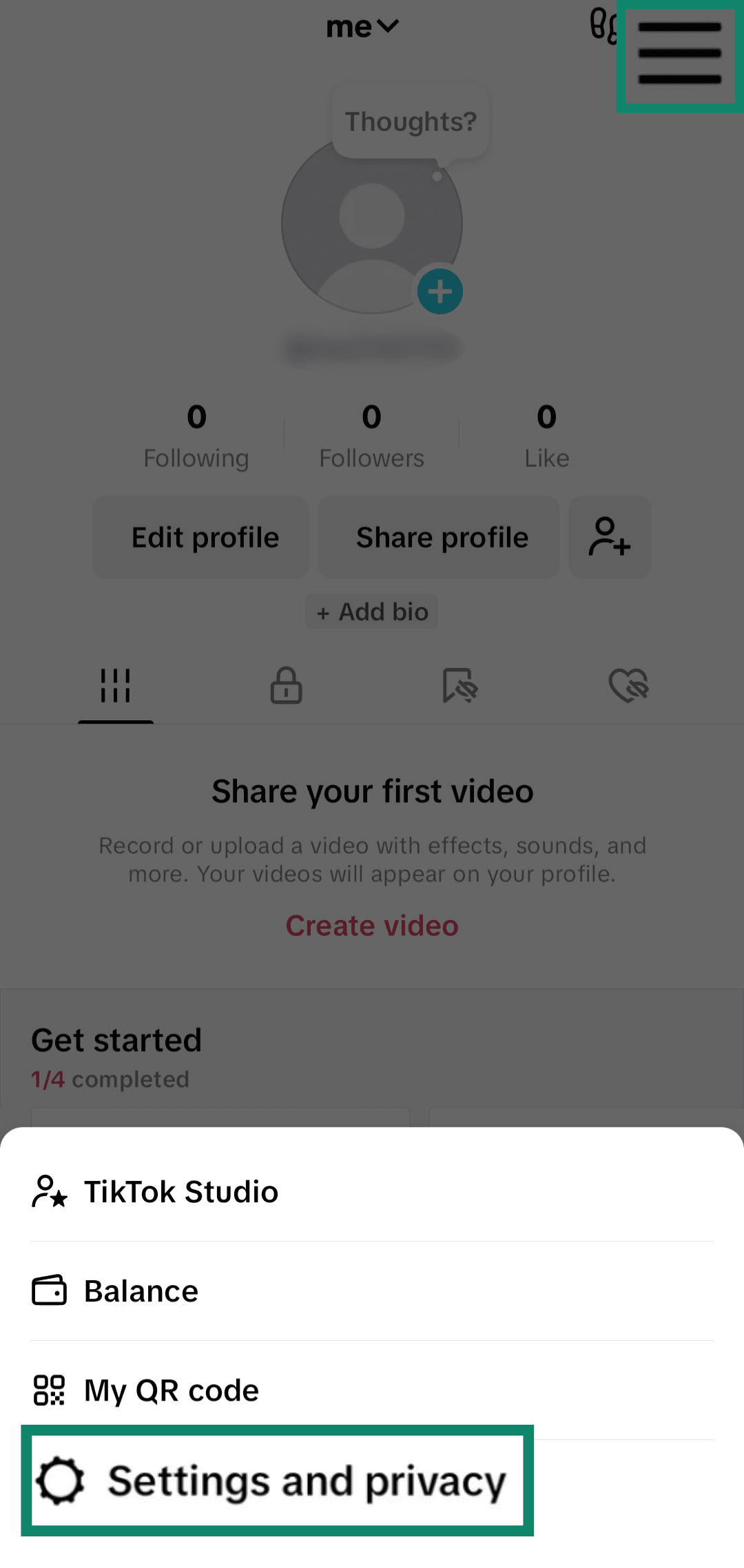 Screenshot showing how to access TikTok's Settings and privacy menu