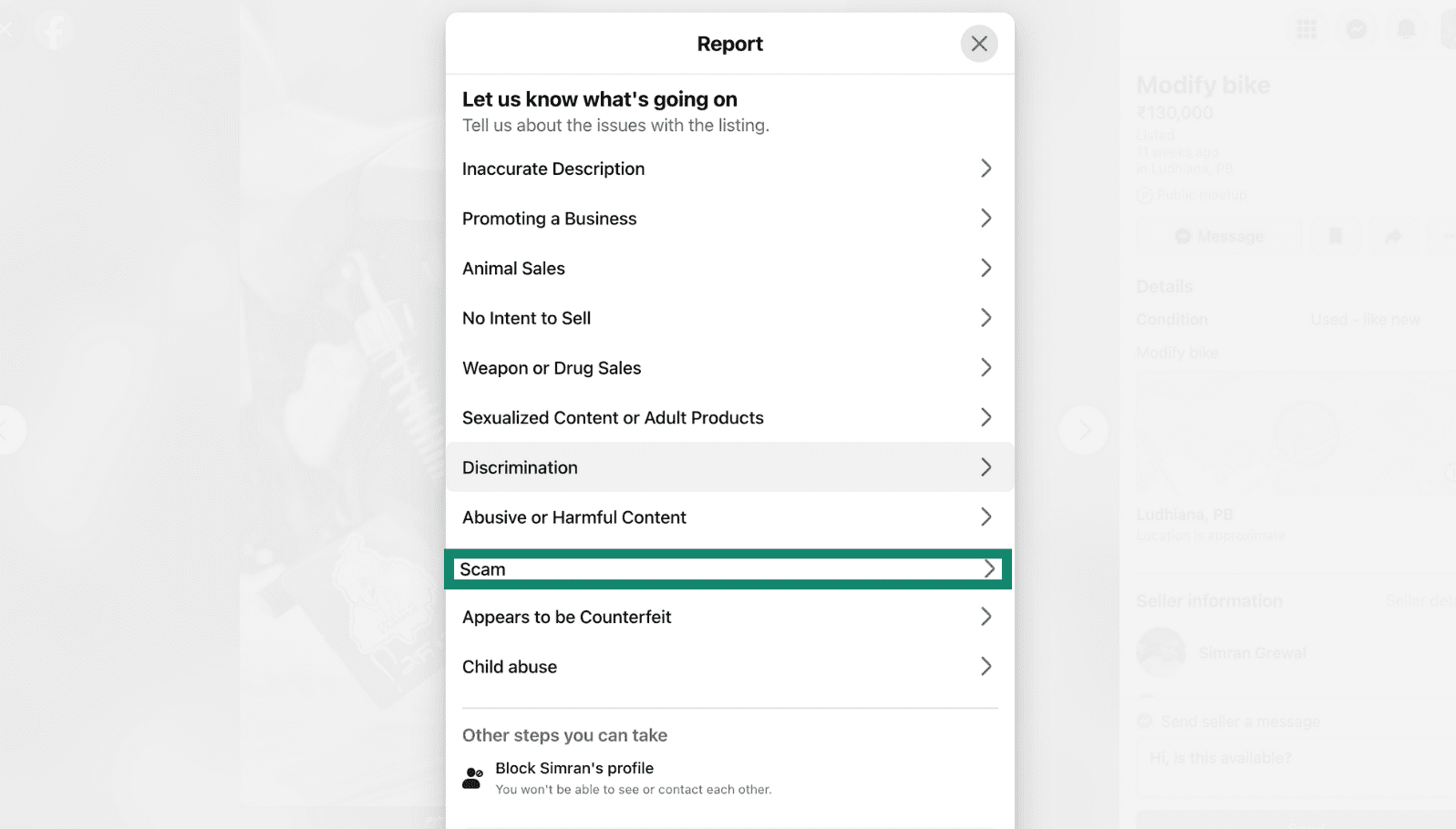 Facebook Marketplace report menu showing scam-related reporting options