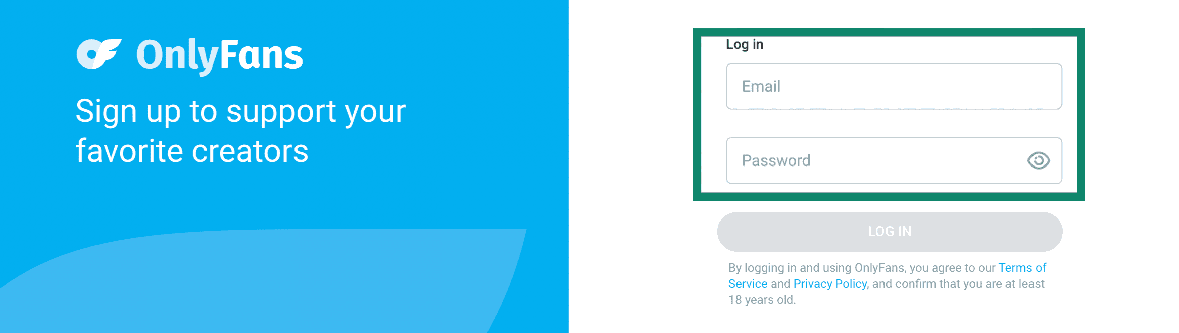 A close-up of OnlyFans's sign up and login page.