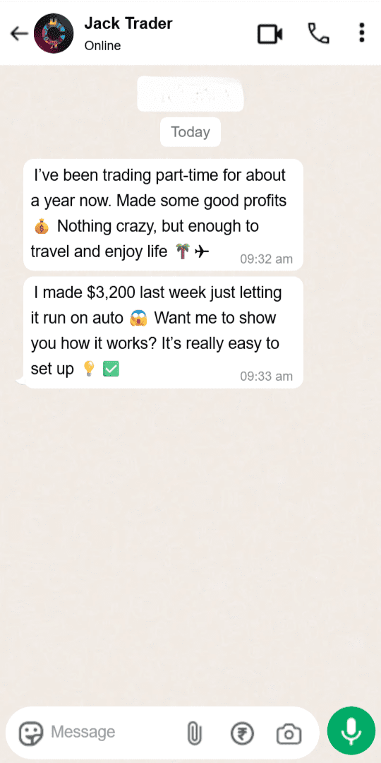 A message promoting a crypto get-rich-quick scam on WhatsApp. The sender boasts,