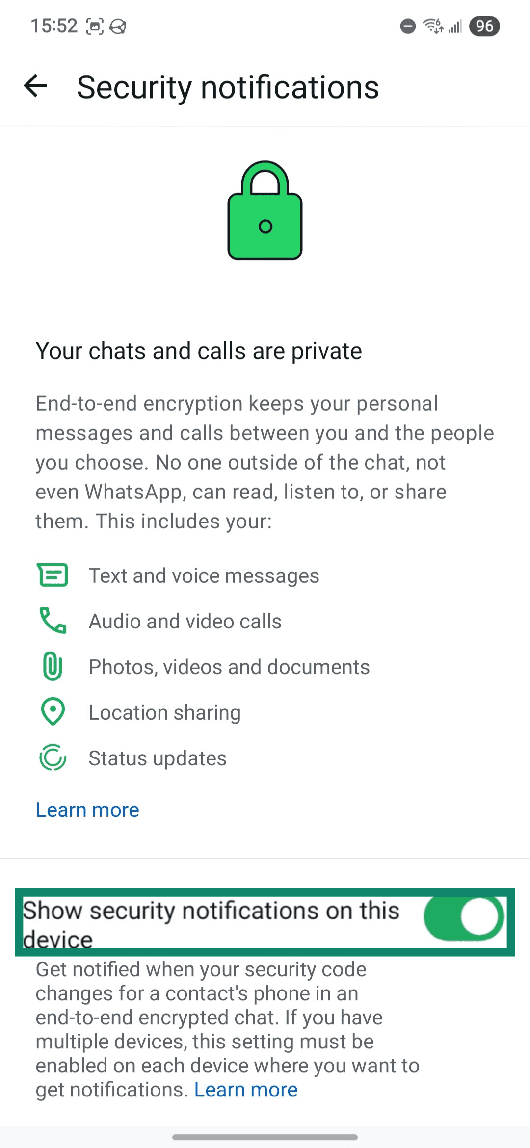 WhatsApp's Security notifications menu.