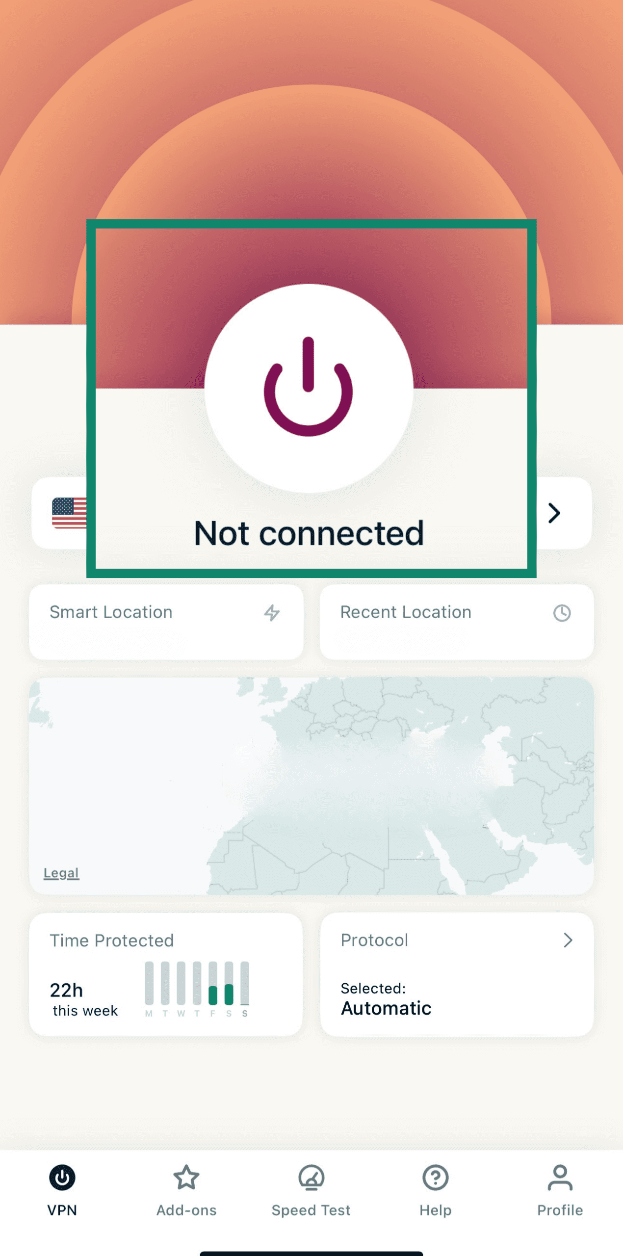 ExpressVPN app showing not connected status on iPhone