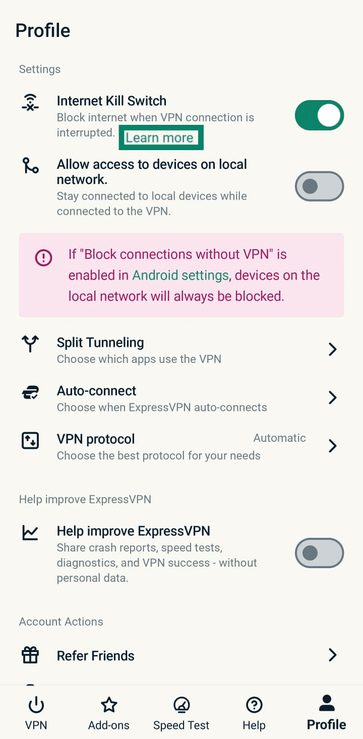 ExpressVPN Android app interface displaying the Profile tab with Internet Kill Switch toggled on and Learn more highlighted.