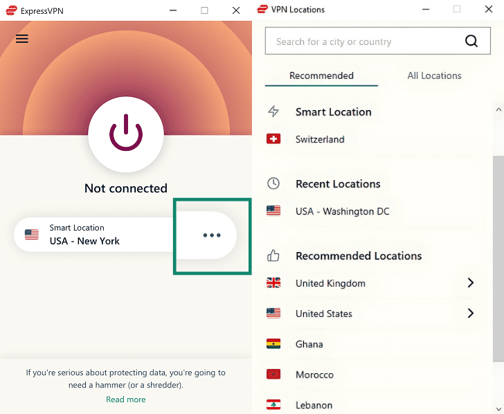 ExpressVPN app with the three-dots button enlarged and a list of servers