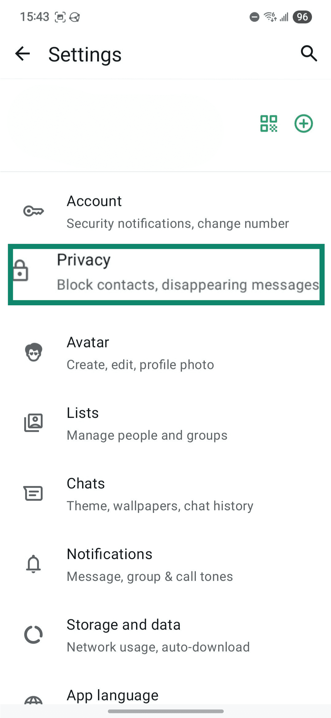 WhatsApp's settings menu showing the privacy pane.