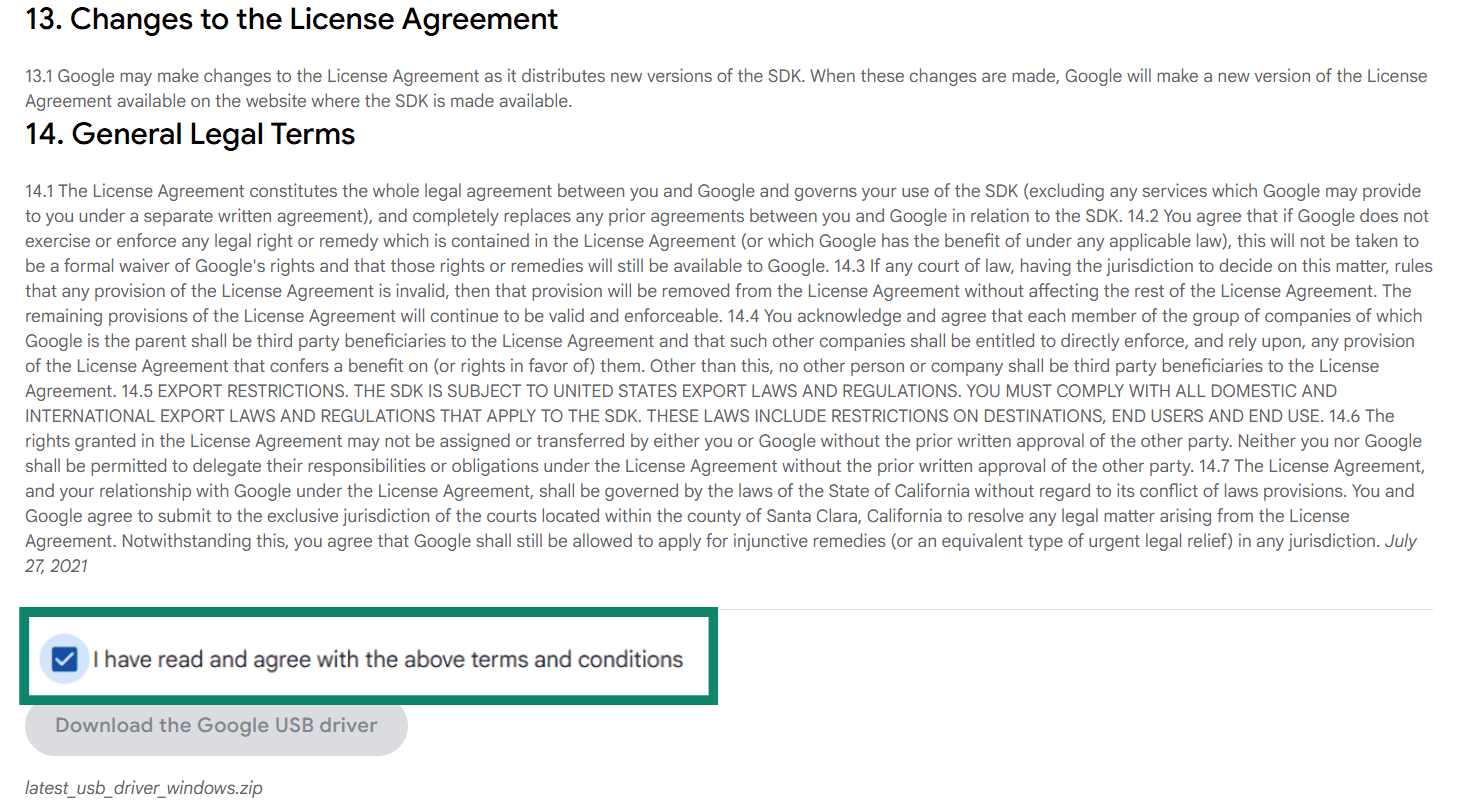 Google USB driver license agreement acceptance and download button.