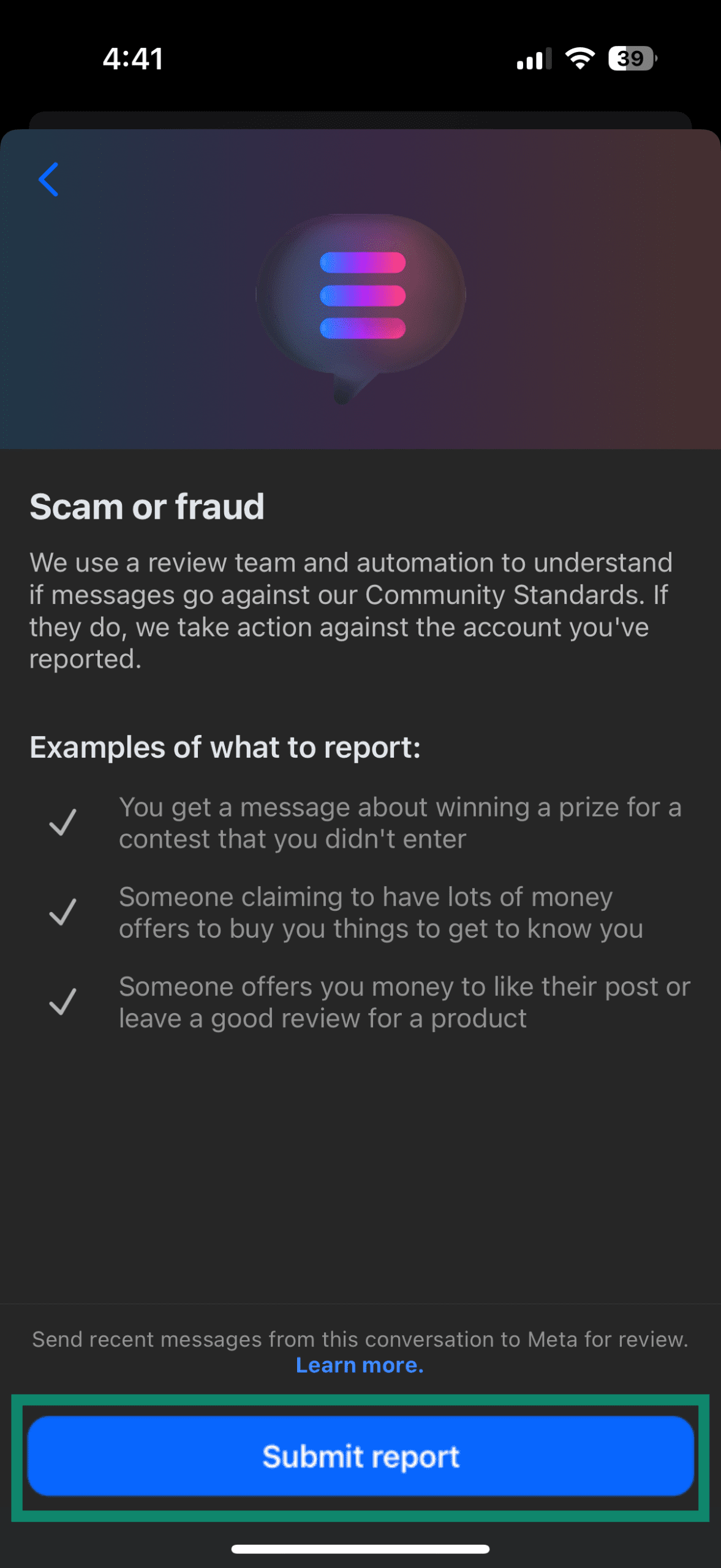 Submitting a report of scam or fraud messages on Facebook using a mobile phone.