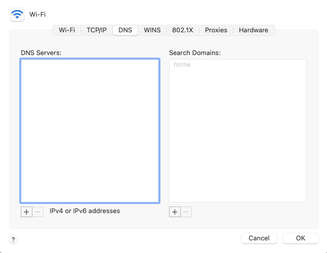 The DNS page of the Advanced Wi-Fi settings of a Mac, showing the DNS servers for the current network connection.