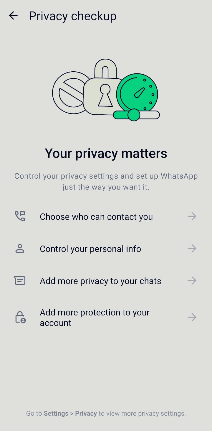 The main screen for WhatsApp’s Privacy Checkup, which lists four categories for review: Choose who can contact you, Control your personal info, Add more privacy to your chats, and Add more protection to your account.