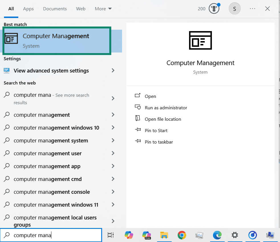 The Windows search bar showing the "Computer Management" settings.