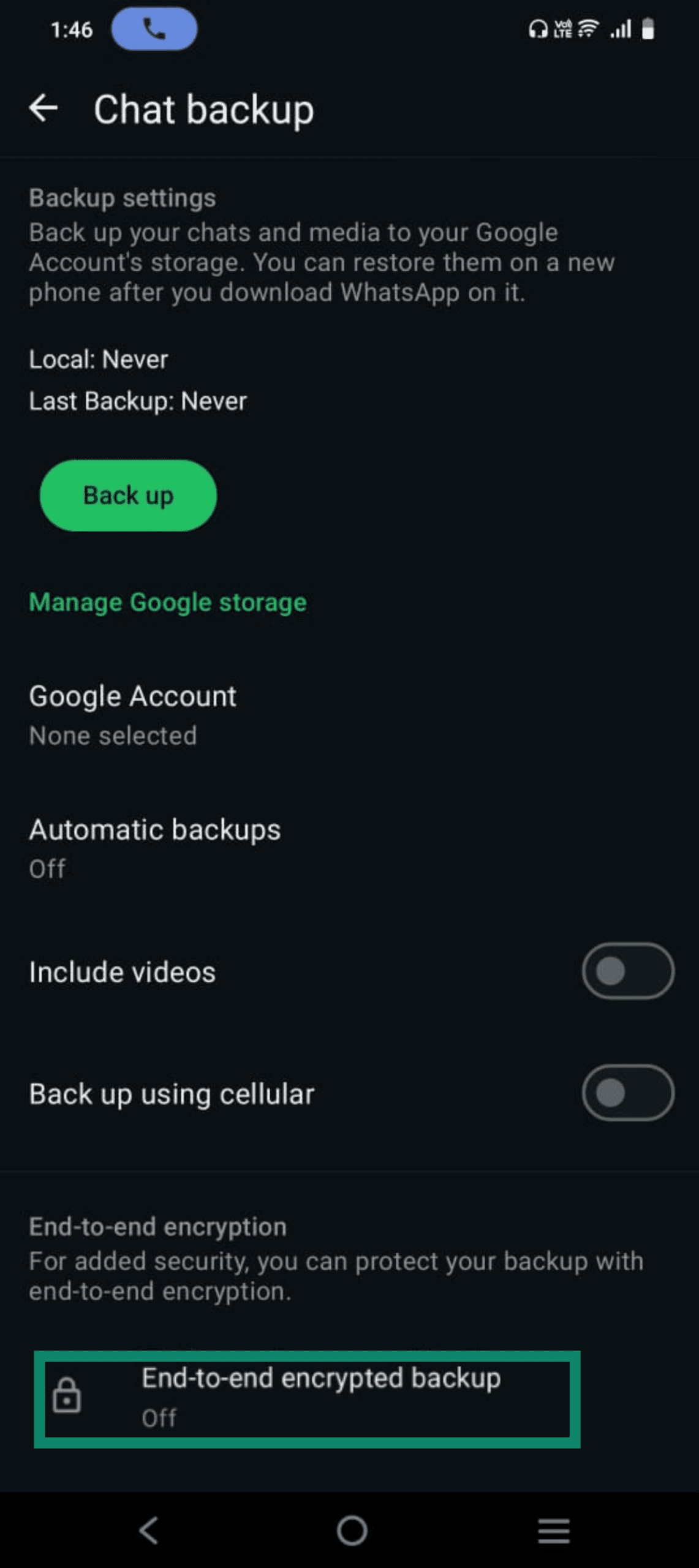 Confirmation that end-to-end encrypted backups are disabled