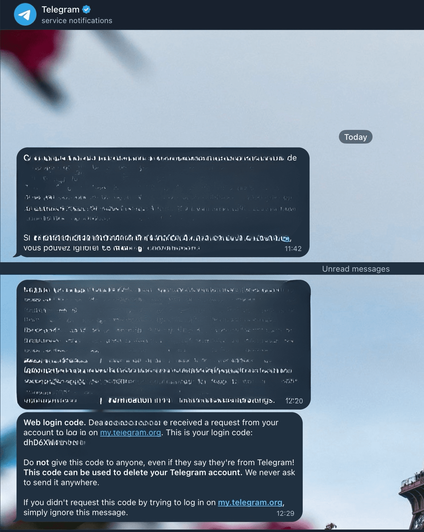 Telegram sends you a confirmation code via your chats, rather than via email or SMS