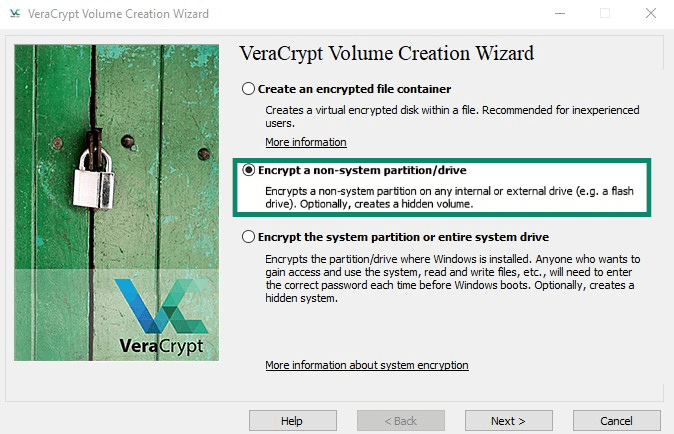 VeraCrypt Volume Creation Wizard main screen with the Encrypt a non-system partition/drive option highlighted.