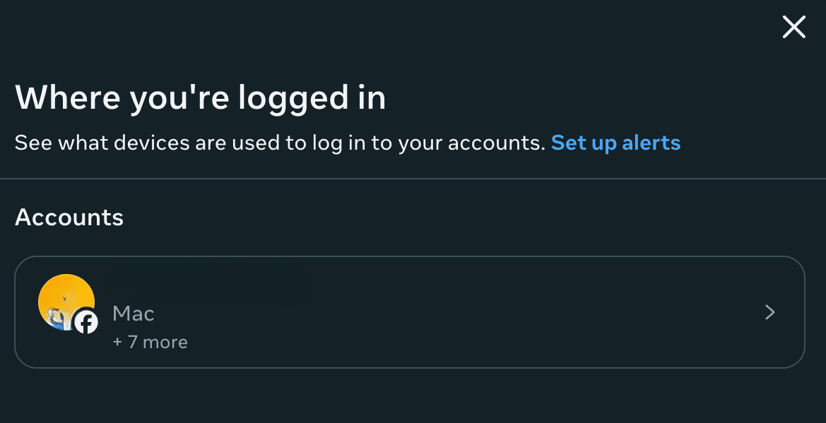 Facebook account selection screen to check logged in devices.