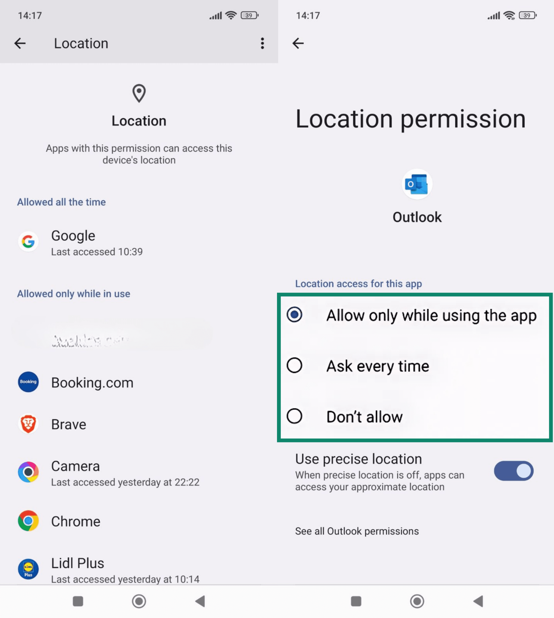 A list of Android apps with their level of location access (left) and location access for Outlook with all options visible (right)