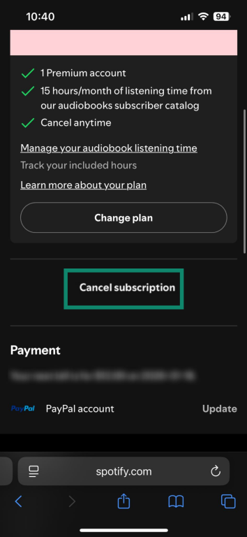 Cancel subscription button on Spotify's web app